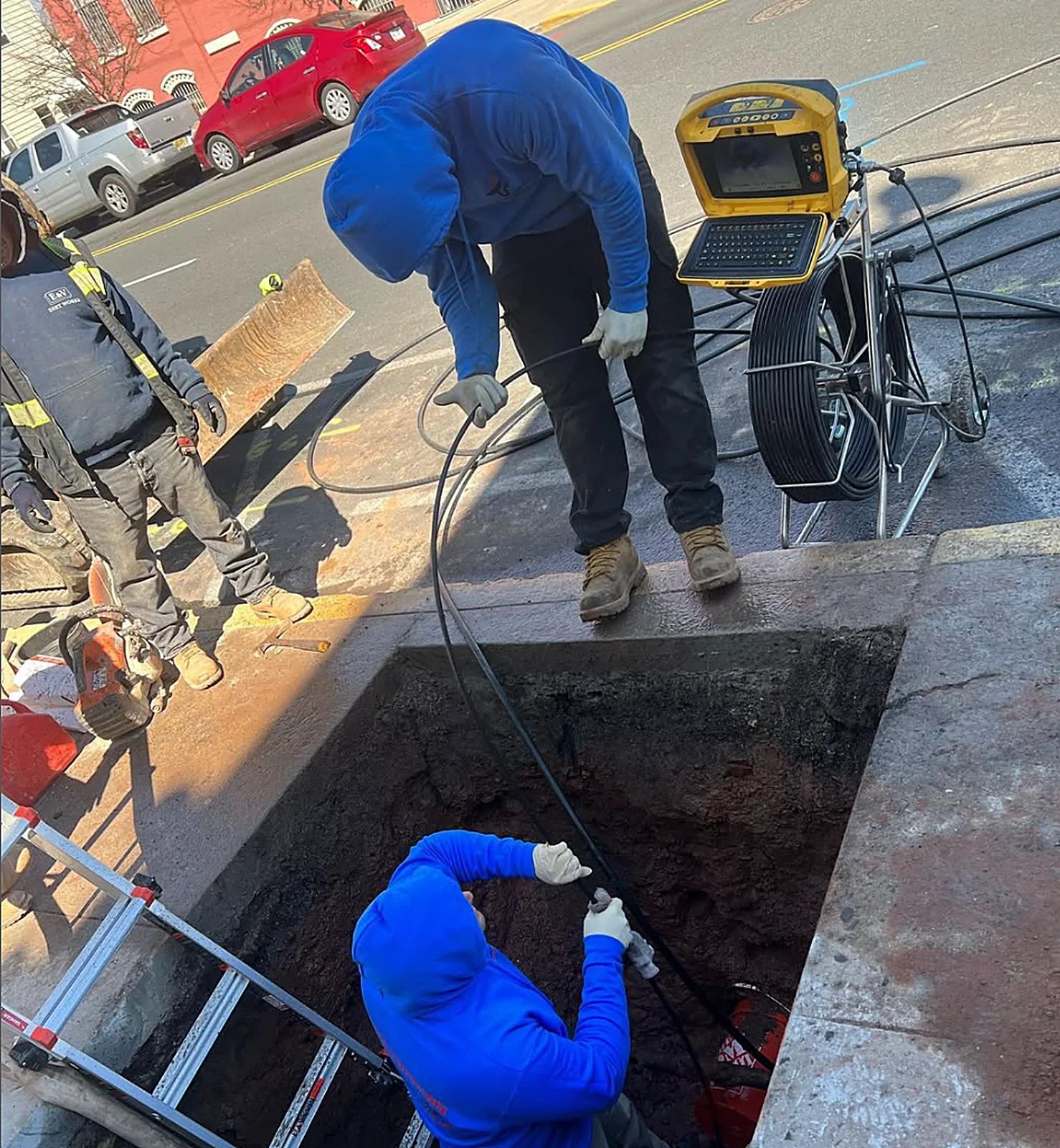 Sewer camera inspection at an excavated sewer line in NJ